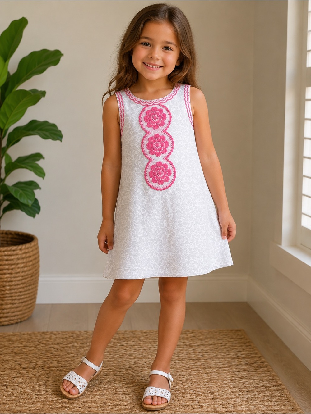 Mini Boden Dress with Pink Embroidered Front